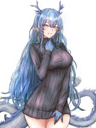  1girl alternate_costume arknights black_sweater blue_eyes blue_hair blue_skin blush breasts colored_extremities colored_skin commentary cowboy_shot double-parted_bangs dragon_girl earrings eastern_dragon_horns eastern_dragon_tail fiery_tail hair_between_eyes hand_on_own_chest highres jewelry large_breasts ling_(arknights) long_hair looking_at_viewer multicolored_skin parted_lips pointy_ears ribbed_sweater sakutein_oekaki simple_background smile solo standing sweater tail tassel tassel_earrings turtleneck turtleneck_sweater twitter_username white_background 