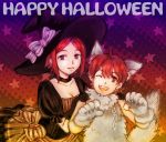 2girls animal_costume chain costume fire_emblem fire_emblem:_kakusei halloween happy_halloween hat mark_(fire_emblem) mother_and_daughter multiple_girls noire_(fire_emblem) one_eye_closed red_eyes redhead violet_eyes witch_hat wolf_costume 