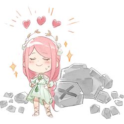  1girl artist_request bare_shoulders black_ribbon bouldy_(infinity_nikki) braid brooch chibi choker closed_eyes closed_mouth clothing_cutout dot_nose dress esseling_(infinity_nikki) eyelashes flower game_cg green_dress hair_flower hair_ornament hands_on_own_hips happy heart infinity_nikki jewelry laurel_crown leg_ribbon light_blush long_hair long_sleeves low-tied_long_hair medium_dress nikki_(nikki) nikki_(series) notice_lines official_art pleated_dress puffy_long_sleeves puffy_sleeves ribbon rock sandals shoulder_cutout single_braid smile sparkle standing sun_symbol sweat transparent_background victory white_flower wind_of_purity_(infinity_nikki) x yellow_choker 