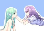  2girls bare_shoulders blue_eyes eye_contact green_eyes green_hair hand_on_another&#039;s_cheek hand_on_another&#039;s_face long_hair looking_at_another mermaid monster_girl multiple_girls mylovelydevil original profile purple_hair simple_background yuri 