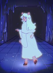  1girl animal_ears antlers blonde_hair capelet commentary deer_antlers deer_ears deer_girl deer_tail deltarune english_commentary from_behind full_body furry furry_female highres hooves horns long_hair long_sleeves looking_back noelle_holiday noelle_holiday_(dark_world) perennimal robe short_tail solo tail tile_floor tiles white_capelet white_robe 