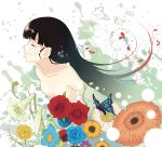  1girl black_hair bubble butterfly closed_eyes collarbone flower highres kujou_natsume long_hair no_nipples nude original rose solo underwater white_background 