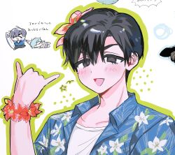  2boys \n/ alien_stage black_eyes black_hair blue_shirt commentary_request dragging floral_print flower green_outline hair_flower hair_ornament hawaiian_shirt holding holding_surfboard inu_(t_0_1) ivan_(alien_stage) male_focus multiple_boys open_clothes open_shirt outline red_flower red_pupils shirt short_hair surfboard till_(alien_stage) white_shirt 