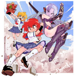  3girls arm_mounted_weapon armor armored_boots armored_gloves artist_name bento black_shoes blonde_hair blue_sailor_collar blue_skirt blue_sky boots border bow bowtie breasts bridal_gauntlets can clenched_hands closed_mouth clothing_cutout clouds commentary copyright_name daitokuji_biko debris drill_hair dust elbow_gloves energy_drink fish flower flying flying_kick food french_fries fruit gloves green_eyes hair_flower hair_ornament hands_up helmet highres holding_bento kicking kiichi knee_boots kotobuki_shiiko leotard lobster long_hair looking_at_viewer magami_eiko mary_janes mechanical_wings medium_breasts midair midriff_peek multiple_girls navel neckerchief open_mouth outside_border panties pantyshot parted_lips pineapple pleated_skirt project_a-ko purple_boots purple_gloves purple_hair purple_leotard red_bull red_eyes red_hair red_neckerchief rock sailor_collar school_uniform serafuku shirt shoes short_hair signature skirt sky smile smirk socks stomach_cutout thighs underwear very_long_hair violet_eyes white_border white_flower white_panties white_shirt white_socks wings wristband 