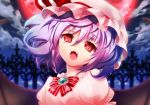  1girl bow brooch fangs hat hat_bow jewelry lavender_hair moon nagare open_mouth red_eyes red_moon remilia_scarlet solo touhou 