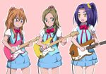  3girls blue_eyes blue_skirt brown_hair electric_guitar green_eyes guitar hair_bobbles hair_ornament haiteku houjou_hibiki instrument kurokawa_eren long_hair minamino_kanade multiple_girls open_mouth orange_hair pink_background precure purple_hair school_uniform seiren_(suite_precure) side_ponytail simple_background skirt suite_precure yellow_eyes 