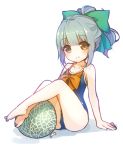  1girl brown_eyes food fruit grey_hair jakoujika kantai_collection melon one-piece_swimsuit ponytail sitting swimsuit yuubari_(kantai_collection) 