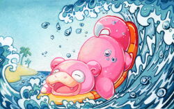  artist_request blue_sky clear_sky closed_eyes day fangs lying no_humans nostrils on_stomach open_mouth outdoors palm_tree pokemon pokemon_(creature) pokemon_focus pokemon_tcg second-party_source shore sky slowpoke solo surfboard surfing tree water water_drop waves 