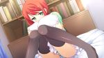  ahoge bed blush game_cg girls_be_ambitious! green_eyes hair_ornament hairpin knees_together_feet_apart mtu_(orewamuzituda) panties pillow pillow_hug redhead short_hair shy sitting skirt striped striped_panties thigh-highs underwear zettai_ryouiki 