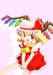  1girl :d ascot blonde_hair commentary_request flandre_scarlet looking_at_viewer mizuki_hitoshi mob_cap open_mouth red_eyes simple_background sitting smile solo touhou wings 