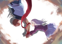  1boy 1girl arm_scarf blue_pants brother_and_sister brown_hair commentary_request emiya_shirou fate/stay_night fate_(series) from_side fujipane grabbing_another&#039;s_hand heaven&#039;s_feel highres illyasviel_von_einzbern long_hair long_sleeves pants purple_shirt red_eyes red_scarf scarf shirt siblings skirt smile white_background white_hair white_shirt white_skirt 