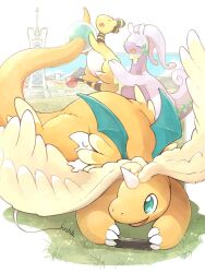 ampharos claws closed_eyes dragon dragonite feathered_wings fluffy full_body goodra green_eyes happy head_wings highres horns knhb_tail lumiose_city mega_dragonite mega_pokemon no_humans open_mouth pokemon pokemon_(creature) pokemon_focus pokemon_legends:_z-a single_horn smile tail wings