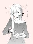  1boy blush braclet bread butter_knife closed_eyes food hair_ornament jewelry knife long_hair long_sleeves monochrome open_mouth original pink_background ring sakiyo_cake simple_background singing solo trap 