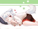  1girl animal_ears blush detached_sleeves highres inubashiri_momiji lying on_side one_eye_closed pillow red_eyes s_katsuo short_hair silver_hair skirt smile solo tail touhou white_hair wolf_ears wolf_tail 