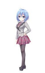  1girl ahoge black_pantyhose black_shoes blazer blue_eyes blue_hair breasts buttons cardigan closed_mouth dot_nose double-breasted double-parted_bangs full_body grey_jacket hand_on_own_hip highres izumi_tsubasu jacket large_breasts looking_at_viewer nakano_rinka necktie official_art pantyhose plaid_clothes plaid_skirt re:stage! red_necktie red_skirt school_uniform shirt shoes short_hair simple_background skirt smile solo tachi-e transparent_background white_shirt yellow_cardigan 