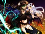  1boy 1girl bat_hair_ornament bat_wings black_legwear bolt boots caren_hortensia carrying dairii dress fate/hollow_ataraxia fate/stay_night fate_(series) father_and_daughter hair_ornament halloween kotomine_kirei princess_carry stitches thigh-highs white_hair wings yellow_eyes 