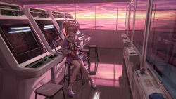  1girl absurdres an_yb arcade arcade_cabinet blonde_hair blue_bow blue_eyes blue_hair blue_serafuku blue_shirt blue_shoes blue_skirt bow can chinese_commentary chouzetsusaikawa_tenshi-chan clouds commentary_request crane_game drink_can energy_drink evening expressionless hair_bow highres holding holding_can indoors knees_together_feet_apart long_hair long_sleeves looking_down monster_energy multicolored_hair multiple_hair_bows needy_girl_overdose on_stool pink_bow pink_hair pink_sky purple_bow quad_tails sailor_collar school_uniform serafuku shirt shoes sitting skirt sky soda_can solo street_fighter street_fighter_ii_(series) sunset wide_shot window 