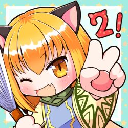  animal_ears animal_hands blonde_hair cat_ears cat_girl chibi ciel0420 dress emil_chronicle_online fang hand_fan harisen nekomata_yamabuki open_mouth v yellow_dress yellow_eyes 