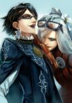  2girls bayonetta bayonetta_(character) bayonetta_2 black_hair blue_background earrings gem glasses glasses_on_head gloves hair_over_one_eye hand_on_another&#039;s_head hpa_(foolish_factory) jeanne_(bayonetta) jewelry leaning_on_person lips long_hair looking_at_viewer multiple_girls necklace open_mouth short_hair smile white_hair zipper 