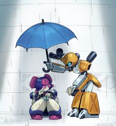  1boy 1girl arm_cannon armor bent_over brass_(medarot) crying green_eyes helmet highres holding holding_umbrella humanoid_robot krabbell medarot metabee rain robot sitting standing umbrella violet_eyes weapon yellow_armor yellow_helmet 