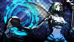  1girl 2012 3d abstract_background belt blue_eyes breasts calne_ca_(deino) checkered_background claws cosplay deino_(deino3330) goggles goggles_on_head green_hair gumi gumi_(cosplay) headphones heterochromia insect_wings joints mechanical_arms medium_breasts midriff nato-kun navel original robot_joints shirt short_hair solo vocaloid wings 