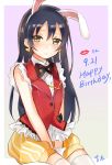  1girl animal_ears artist_name black_hair blush bow dated earrings fake_animal_ears gmanee happy_birthday highres jewelry long_hair looking_at_viewer love_live!_school_idol_project rabbit_ears shorts sitting sleeveless solo sonoda_umi thigh-highs yellow_eyes 