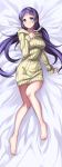  1girl aqua_eyes bare_legs bare_shoulders barefoot bed_sheet blush breasts dakimakura hand_on_own_chest highres long_hair looking_at_viewer love_live!_school_idol_project low_twintails purple_hair ribbed_sweater saiste smile solo sweater toujou_nozomi twintails very_long_hair 