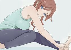  1girl barefoot blue_eyes breast_press breasts brown_hair capri_pants gundam gundam_build_fighters gundam_build_fighters_try kamiki_mirai large_breasts looking_at_viewer pants shiny shiny_hair solo stretch tank_top walzrj 