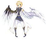  1girl angel angel_wings asymmetrical_wings blonde_hair blue_eyes boots borrowed_character cassie_(acerailgun) cyborg dress elbow_gloves finger_to_mouth flat_chest gloves hoshi_usagi mechanical_arm mechanical_wings original smile solo transparent_background wings 