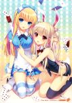  2girls :d absurdres alice_(wonderland) alice_in_wonderland animal_ears argyle argyle_background black_legwear blonde_hair blue_eyes blue_legwear bow breasts brown_hair card dress hair_bow highres kneeling multiple_girls necktie open_mouth playing_card rabbit_ears red_eyes shirahane_nao single_thighhigh smile thigh-highs white_background white_rabbit 