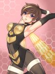  1girl armpits arms_up avengers blue_eyes blush bodysuit breasts brown_hair covered_navel disk_wars:_avengers earrings female folks_(nabokof) highres honeycomb_background insect_wings jewelry marvel multicolored_hair parted_lips short_hair sideboob solo wasp_(marvel) wings 
