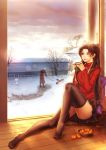  1girl archer blue_eyes brown_hair fate/stay_night fate_(series) highres no_shoes nollxmai one_eye_closed pillow snow tea thigh-highs tohsaka_rin toosaka_rin two_side_up watermark web_address wheelbarrow winter 