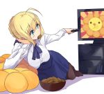  1girl ahoge aqua_eyes black_legwear blonde_hair controller cookie fate/stay_night fate_(series) food holding lying mouth_hold remote_control saber solo television usatsuka_eiji watching_television 