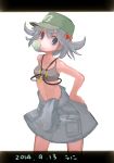  bare_shoulders belly blue_eyes blue_hair bubblegum clothes_around_waist commentary_request crop_top dated dress highres kawashiro_nitori letterboxed looking_at_viewer midriff namauni navel shirt shirt_around_waist short_hair short_twintails skirt tank_top touhou twintails 