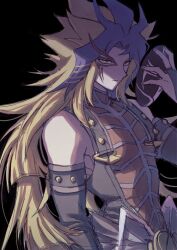  1boy arm_at_side armband bare_shoulders black_arm_warmers black_armband black_background black_pants black_shirt blonde_hair colored_bangs eyes_in_shadow face_in_shadow facial_mark facing_to_the_side grey_eyes hand_up highres holding holding_mask in_shadow long_hair looking_to_the_side male_focus mask nikumankudasaii pants paradox_(yu-gi-oh!) red_shirt red_trim shirt sleeveless sleeveless_shirt two-tone_mask unworn_mask yu-gi-oh! yu-gi-oh!_3d_bonds_beyond_time 