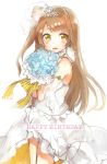  1girl blush bouquet brown_hair detached_collar dress flower gmanee happy_birthday highres long_hair looking_at_viewer love_live!_school_idol_project minami_kotori sketch solo tears very_long_hair yellow_eyes 