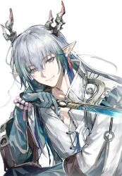  1boy absurdres arknights bead_bracelet beads blue_hands blue_streaks bracelet chest_tattoo closed_mouth colored_extremities dragon_boy earclip earrings eastern_dragon_horns facing_viewer fractalmagnolia green_streaks grey_hair grey_horns highres holding horns jacket jewelry long_hair looking_down male_focus multicolored_hair open_clothes open_jacket pink_hair pointy_ears popped_collar simple_background single_earring smile solo straight_hair streaked_hair tattoo three-quarter_sleeves unzipped white_background white_jacket yi_(arknights) zipper 