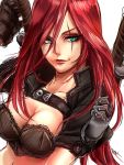  1girl aqua_eyes breasts cleavage collarbone cropped_jacket hair_over_one_eye katarina_du_couteau knife league_of_legends lips long_hair looking_to_the_side midriff non_(nonzile) redhead scar sketch smile solo weapon 