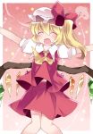  1girl ascot blonde_hair commentary_request fang flandre_scarlet hammer_(sunset_beach) hat long_hair open_mouth short_sleeves side_ponytail skirt smile solo touhou vest wings 