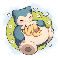  absurdres blush closed_eyes closed_mouth curled_up fangs field flower grass highres lying no_humans outdoors pikachu pokemon pokemon_(creature) pokemon_focus sevi_(seviyummy) sleeping smile snorlax 