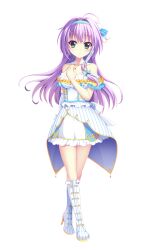  1girl ahoge aqua_bow aqua_hairband aqua_ribbon bare_shoulders blush boots bow breasts closed_mouth detached_collar dot_nose dress full_body gem green_eyes hair_bow hair_ornament hair_ribbon hairband hand_on_own_chest high_heels highres hokaze_kanade izumi_tsubasu knee_boots large_breasts layered_skirt long_hair looking_at_viewer off-shoulder_dress off_shoulder official_art pinstripe_pattern pinstripe_skirt purple_hair re:stage! ribbon showgirl_skirt simple_background skirt smile solo tachi-e transparent_background white_boots white_dress white_skirt yellow_gemstone 