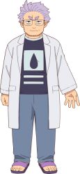  1boy arms_at_sides artist_request bags_under_eyes beard_stubble black_eyes black_sandals black_shirt clenched_hand closed_mouth coat crew_neck facial_hair facing_viewer fat flip-flops frown full_body glasses grey_pants hand_hair highres jitome lab_coat lapels legs_apart long_sleeves looking_at_viewer mado_hiroshi male_focus notched_lapels official_art old old_man open_clothes open_coat open_hand pants print_shirt puniru_wa_kawaii_slime purple_hair sandals second-party_source shirt short_eyebrows short_hair simple_background solo square_head standing stubble sweatpants tachi-e thick_eyebrows toenails transparent_background triangle_nose two-tone_shirt v-shaped_eyebrows water_drop_print white_coat white_sleeves wide_sleeves 