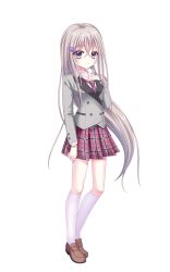  1girl blazer bracelet brown_shoes buttons closed_mouth dot_nose double-breasted full_body grey_jacket hair_between_eyes hair_ornament hairclip hand_on_own_chest highres izumi_tsubasu jacket jewelry kneehighs long_hair long_sleeves looking_at_viewer necktie official_art plaid_clothes plaid_skirt re:stage! red_necktie red_skirt sakura_miu school_uniform shirt shoes simple_background skirt smile socks solo tachi-e transparent_background very_long_hair violet_eyes white_shirt white_socks 