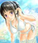  1girl bikini black_hair breasts chitanda_eru cleavage hyouka leaning_forward long_hair mugi_dango ponytail swimsuit violet_eyes 