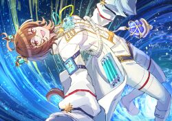  1girl agnes_tachyon_(umamusume) ahoge animal_ears bad_id bad_twitter_id brown_hair cardiogram center_frills coat ear_ornament frills highres horse_ears horse_girl horse_tail lab_coat nayuta_ggg open_mouth pants sleeves_past_fingers sleeves_past_wrists solo tail test_tube umamusume white_pants 