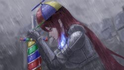  1girl ahoge armor blue_fire blue_hat candy chada_ijwtmcs elizabeth_rose_bloodflame english_commentary fire fire_on_chest food from_side hat highres holding holding_sword holding_weapon hololive hololive_english long_hair multicolored_hat outdoors overcast plate_armor propeller_hat rain red_eyes red_hair red_hat sky solo sword virtual_youtuber weapon wet wet_hair yellow_hat 