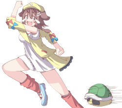  1girl animal_ears arm_up blue_bow blue_shoes blush bone_hair_ornament bow braid breasts brown_eyes brown_hair cartoon_bone commentary_request crying crying_with_eyes_open dog_ears dress flat_cap green_shell_(mario) hair_between_eyes hair_ornament hat highres hololive inugami_korone inugami_korone_(1st_costume) jacket long_sleeves low_twintails medium_breasts motion_lines off_shoulder open_clothes open_jacket puffy_long_sleeves puffy_sleeves red_bow red_socks running shoes simple_background sleeveless sleeveless_dress socks solo speed_lines streaming_tears super_mario_bros. tears twin_braids twintails umberblack virtual_youtuber white_background white_dress yellow_hat yellow_jacket 