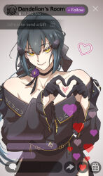  1girl black_dress black_gloves black_hair black_ribbon bright_pupils chinese_commentary closed_mouth collarbone commentary_request dandelion_(girls'_frontline) dress english_text girls'_frontline_2:_exilium girls_frontline gloves grey_background hair_ornament half_gloves heart heart_hands highres johnjohn_(johnjohn_1028) looking_at_viewer neck_flower neck_ribbon off-shoulder_dress off_shoulder ribbon simple_background smile solo upper_body user_interface white_pupils yellow_eyes 