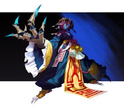  1girl absurdres bell blue_skin chinese_clothes claw_(weapon) cleavage_cutout clothing_cutout colored_skin full_body hat highres jiangshi muhan3052 ofuda ofuda_on_clothes ofuda_on_head original pink_hair qingdai_guanmao sharp_teeth short_hair smile solo stitched_face stitches teeth weapon yellow_eyes 