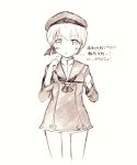  &gt;:&lt; 1girl beret hat highres kantai_collection looking_at_viewer monochrome sailor_dress sekino_takehiro short_hair solo sweatdrop traditional_media translation_request z1_leberecht_maass_(kantai_collection) 